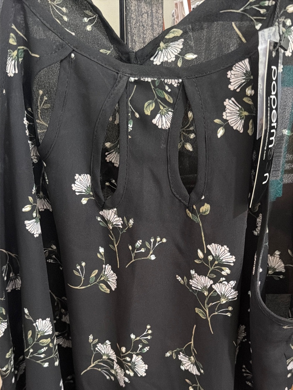 Papermoon Black Floral Keyhole Camisole with Green Accents. 0009